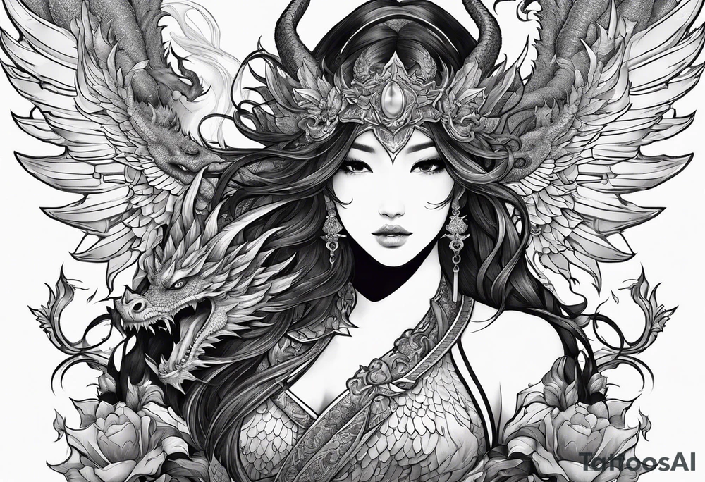 beautiful warrior nymph with dragon wings and dragon friends tattoo idea