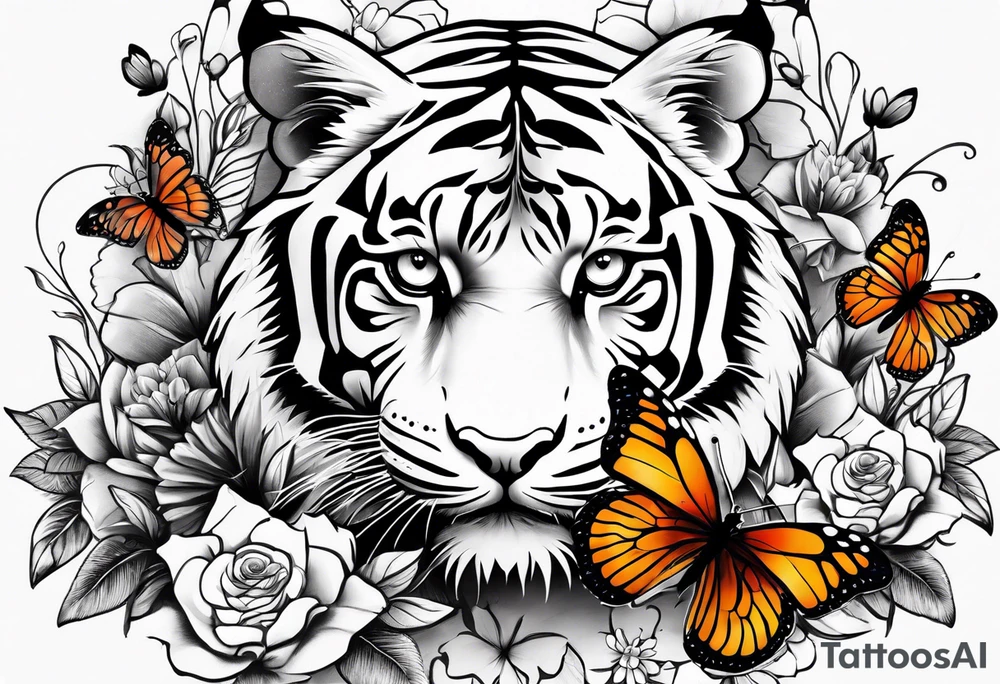 tiger, 3 butterflies, flowers for ladies thigh / hip tattoo idea