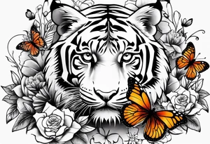 tiger, 3 butterflies, flowers for ladies thigh / hip tattoo idea