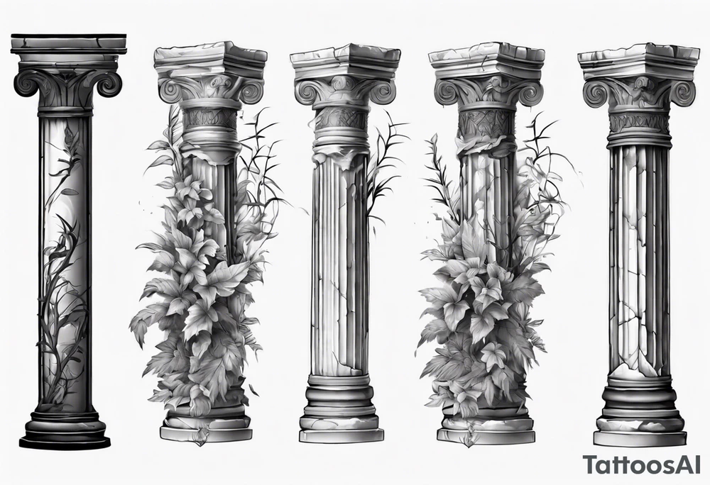 Half of an ancient roman pillar in the Ionian style. It has cracks on it, and on the lower half some overgrown plants. tattoo idea