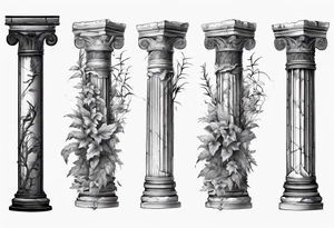 Half of an ancient roman pillar in the Ionian style. It has cracks on it, and on the lower half some overgrown plants. tattoo idea