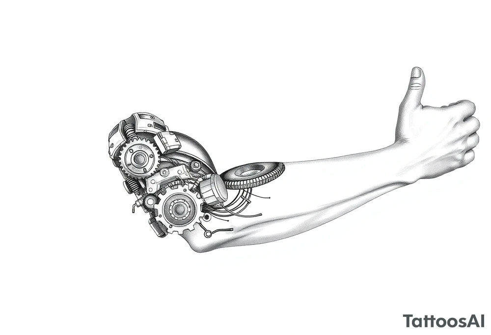 This biomechanical tattoo design creates the illusion of mechanical parts under the skin. It features gears, pistons, and wires, giving the arm a cybernetic look. Realistic shading enhances the fusion of flesh and machine tattoo idea