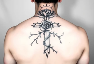 A very detailed cross with thorns vines from a rose with a halo above it and clouds around it and possibly wings on the sides or no wings in the sides but is a very detailed tattoo for my shoulder tattoo idea