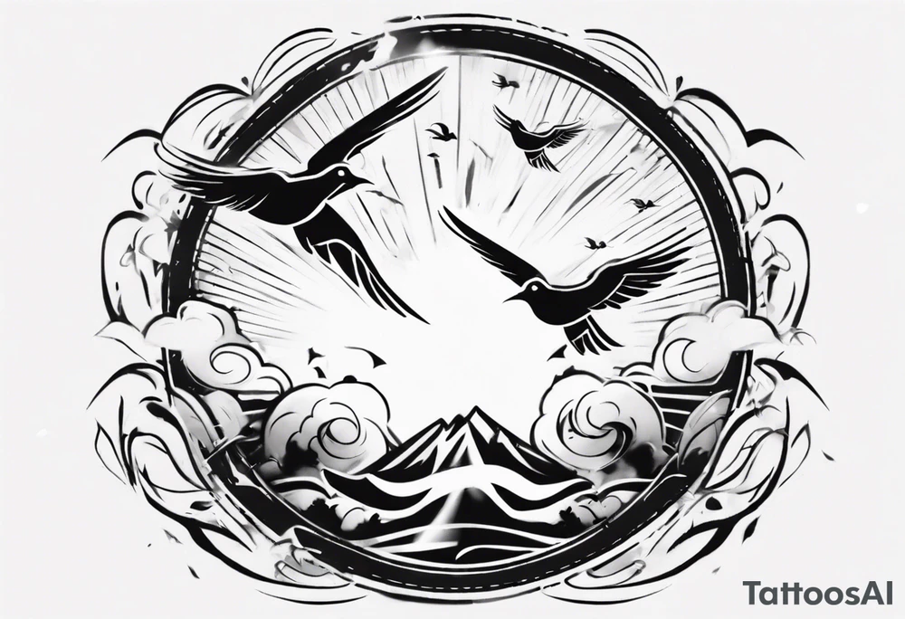 a shoulder tattoo with rays of light, clouds and birds flying free tattoo idea