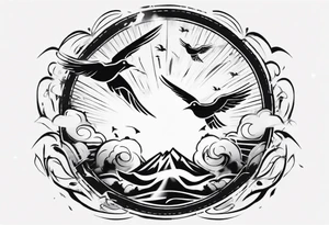 a shoulder tattoo with rays of light, clouds and birds flying free tattoo idea