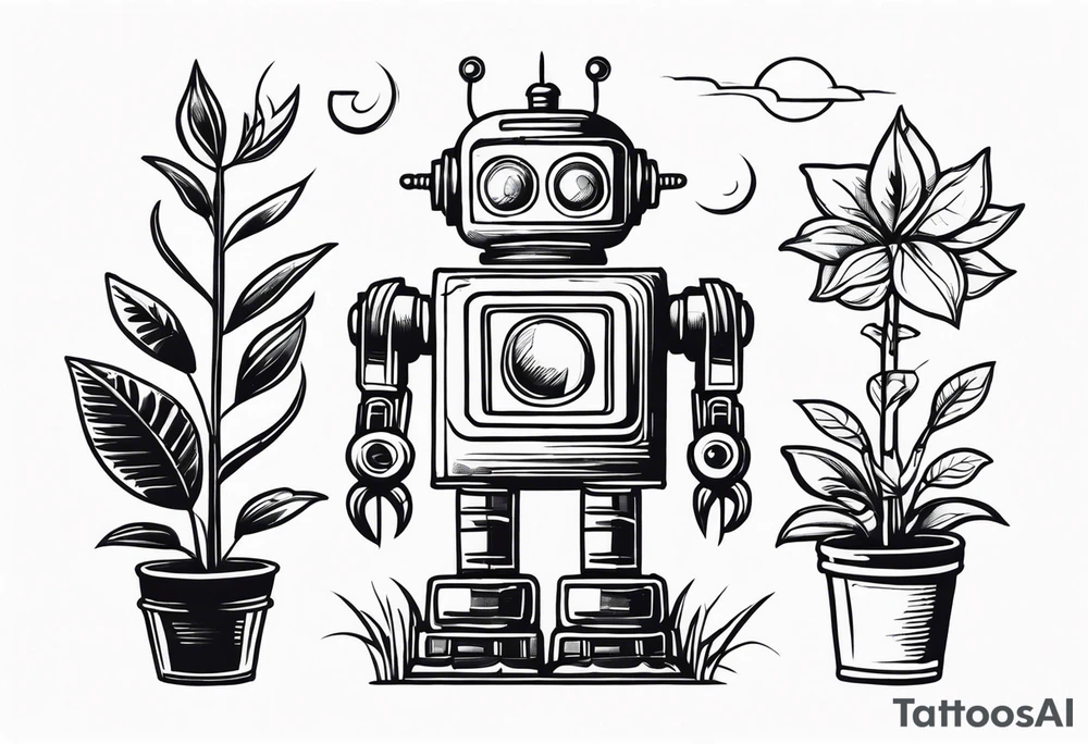 vintage robot plant tattoo idea