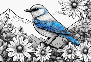 Small blue bird in forefront of Mountain View with daisy flower tattoo idea