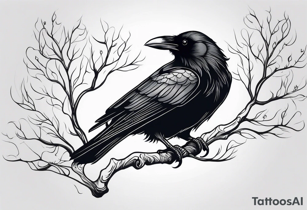 a black raven hanging on a tree branch tattoo idea