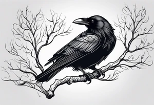 a black raven hanging on a tree branch tattoo idea