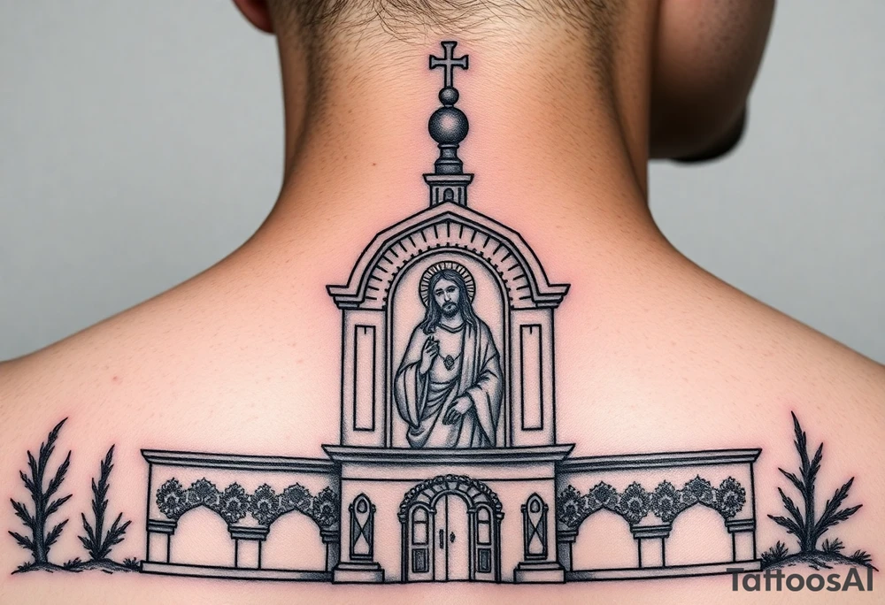 medium sized Russian orthodox church with bulb domes with a prominent russian orthodox mosaic jesus tattoo idea