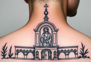 medium sized Russian orthodox church with bulb domes with a prominent russian orthodox mosaic jesus tattoo idea