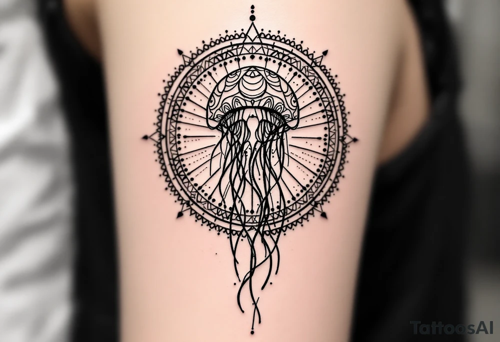 small, minimal fine-line tattoo, single jellyfish, sacred geometry surround, dotwork patterns, jellyfish bell dome, flowing tentacles, trailing streamers, geometric mandala, radiating dotwork, minimalist design, black grey lines, soft shading, no outlines, geometric frame, organic jellyfish form, upper arm shoulder placement, light airy feel, delicate linework, geometric backdrop, clean lines, radiating patterns, simple jellyfish centerpiece, minimalist, psychedelic tattoo idea