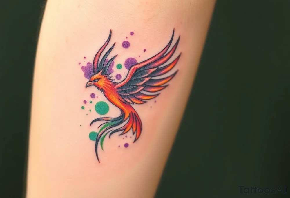Phoenix with blazing flames with purple and green splashes tattoo idea