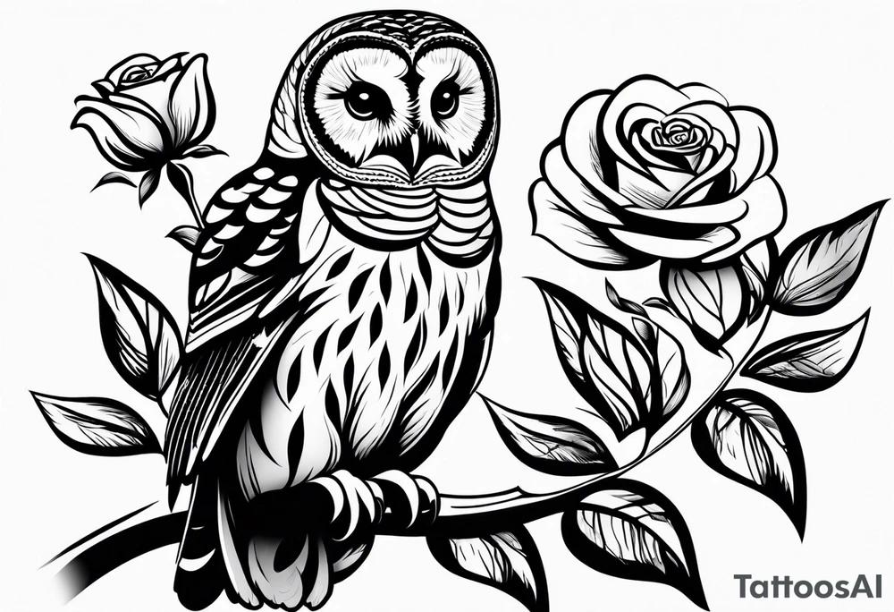 Barred owl with a single rose tattoo idea