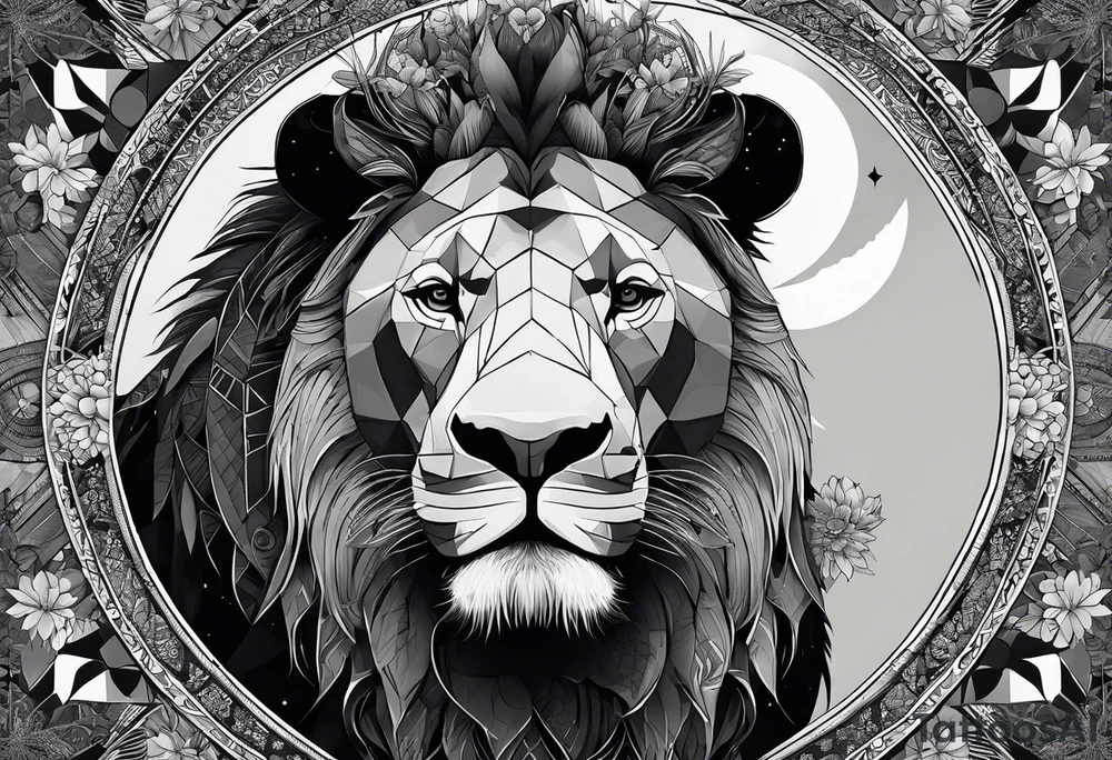 Very asymmetrical, +geometric pattern, with realistic full moon, with hippo at side look, +tribal, +geometric, +inkart , +blackwork, +grey scale, + sketch
with wintersweet flower bud, +inkart touch, +for men, detailed , combined favourite , superimposed with a lion tattoo idea
