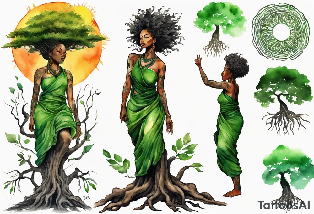 a tree trunk with roots that is a black woman from the waist up, feet made of tree roots, wearing a green tunic, arms stretched upwards towards the blazing sun tattoo idea