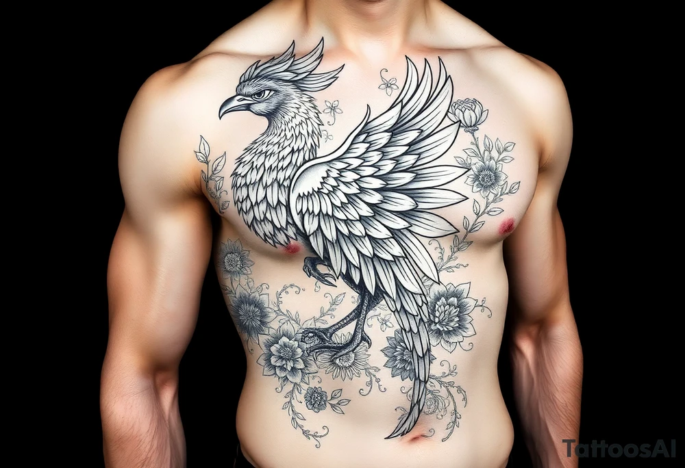 powerful majestic japanese phenix surrounded by floral ornaments tattoo idea