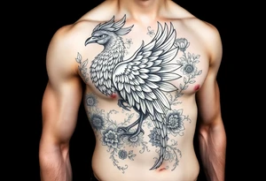 powerful majestic japanese phenix surrounded by floral ornaments tattoo idea