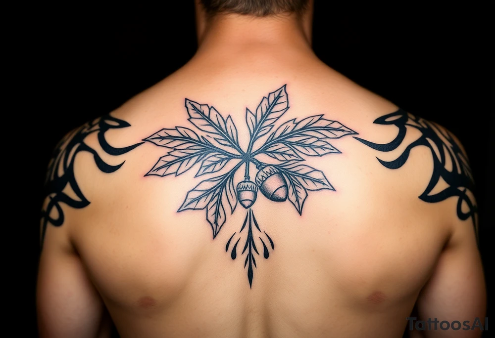 on the chest an oak branch with thick leaves and acorns oak branch with thick leaves and acorns tattoo idea