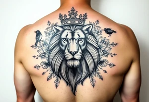 powerful majestic lion with a crown, surrounded by floral ornaments and birds tattoo idea