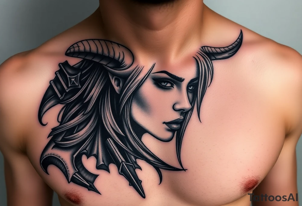 Feminine Tattoo dark female warrior with realistic horns just barley touching collarbone with a lot of shading tattoo idea