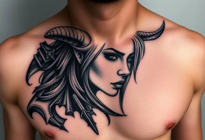 Feminine Tattoo dark female warrior with realistic horns just barley touching collarbone with a lot of shading tattoo idea