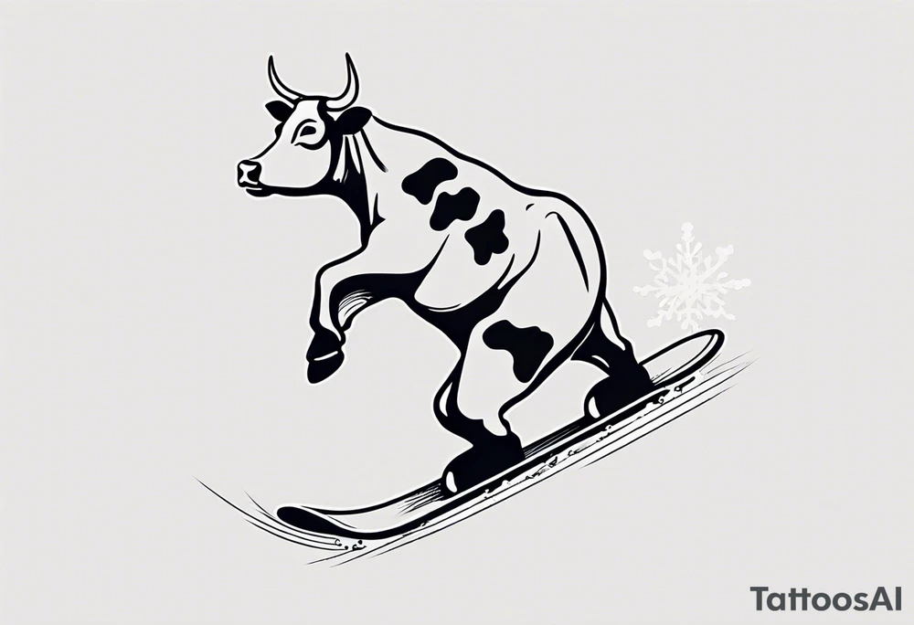 Generate a minimalist and simple black and white tattoo design featuring a joyful cow snowboarding, wearing goggles. Focus on essential lines and details to convey the playful spirit of the scene. The cow should exude confidence while effortlessly snowboarding down a snowy slope. Keep the design clean and uncluttered, suitable for a small to medium-sized tattoo space. Emphasize the charm and whimsy with the addition of goggles, ensuring the overall aesthetic remains simple and minimalistic. The goal is to create a visually appealing and easily recognizable tattoo that captures the essence of a cow enjoying a snowboarding adventure tattoo idea