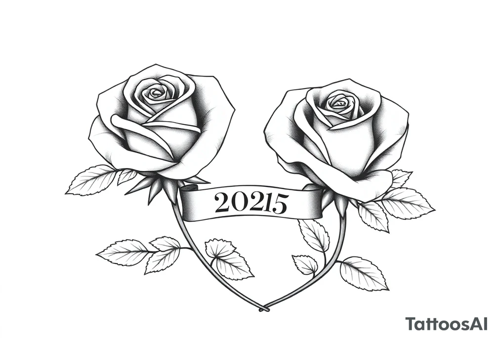 two beautiful large rose buds, one larger than the other, with many leaves next to the rose buds, with one sitting higher than the other. Include a banner connecting the two roses with "2025" on it.   Use dark outlines with little shading. The two stems should be short, not long, and connect and join into one stem, whimsically curved or twisted - not straight down. tattoo idea
