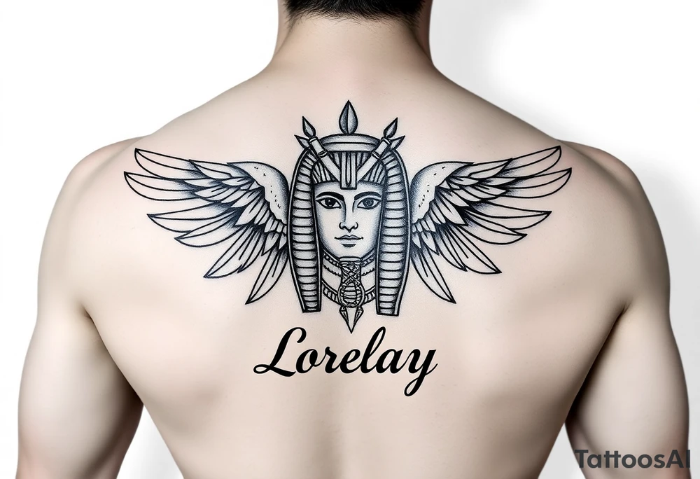 Créame un diseño en miniatura para el bíceps de un personaje principal chica 
de la cultura de egipcia con el nombre de lorelay escrito por debajo del diseño tattoo idea
