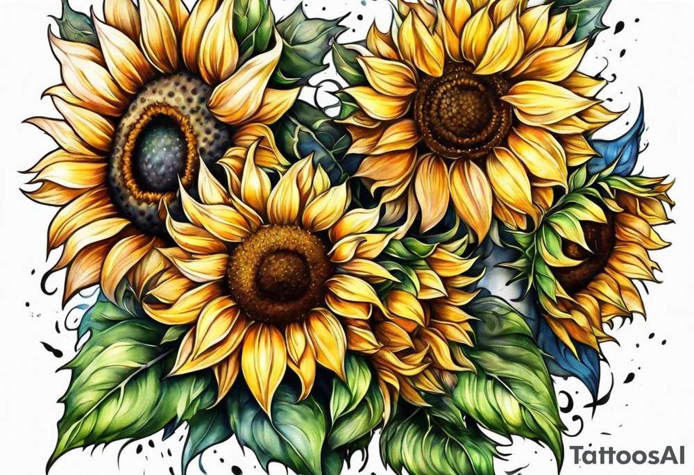 Sunflowers and angel wings leg sleeve tattoo idea