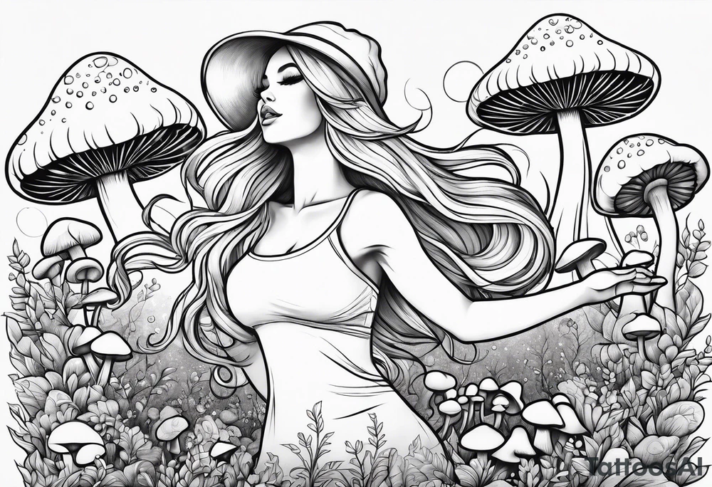 Blonde chubby Girl dancing in field of mushrooms tattoo idea