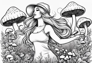 Blonde chubby Girl dancing in field of mushrooms tattoo idea
