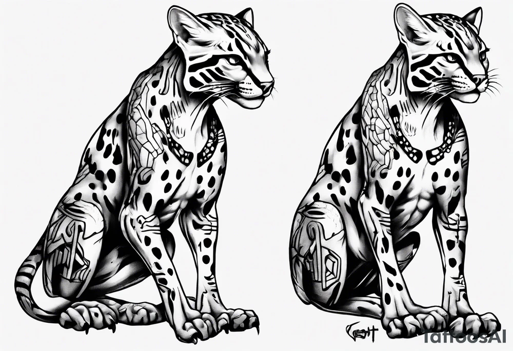cybernetic ocelot full body roar tattoo idea