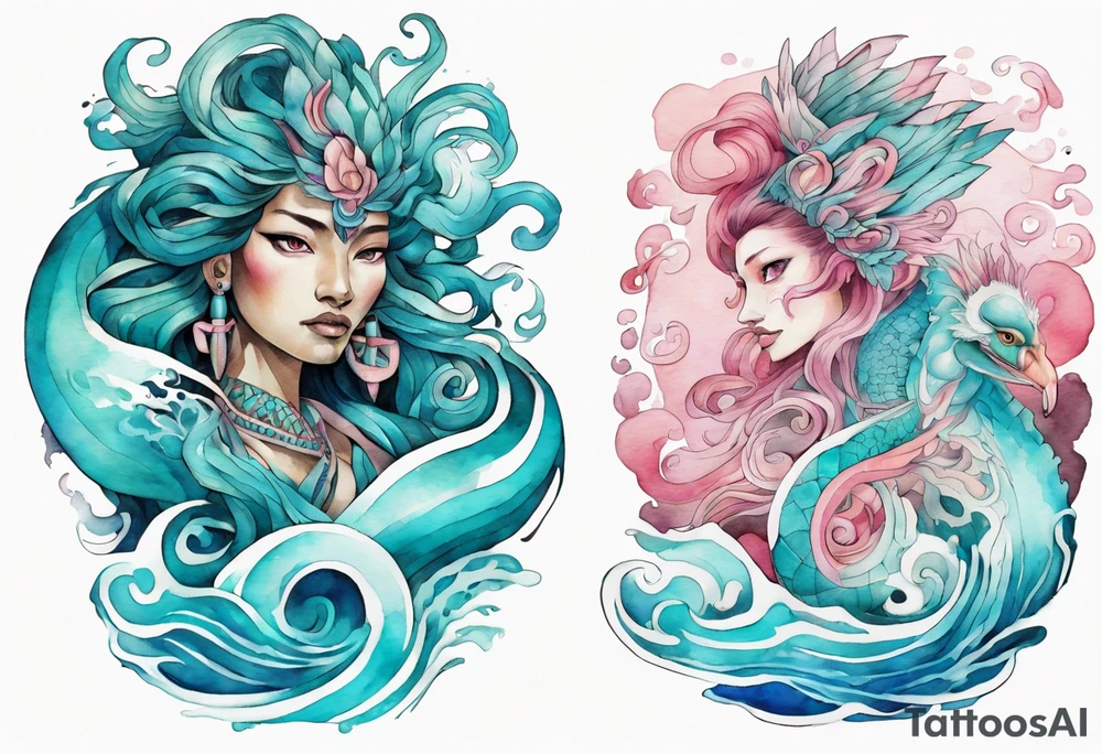 a turquoise and white and pink Quetzalcoatl-woman hybrid with beautiful eyes emerging from the blue waves of the ocean tattoo idea