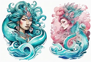 a turquoise and white and pink Quetzalcoatl-woman hybrid with beautiful eyes emerging from the blue waves of the ocean tattoo idea