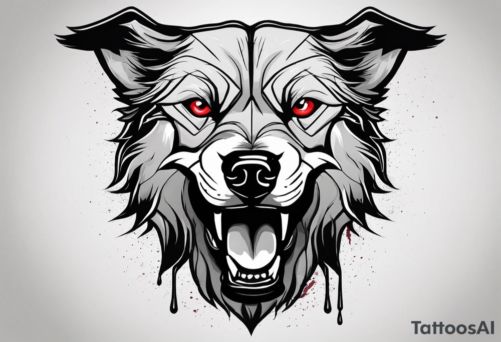 Create aggressive, vicious dog, with some blood coming out of his mouth and saliva. Make it a drawing and use the image of reference. I am going to add. I want HIM TO BE ANGRY WITH RED EYES use VICIOUS WOLF THATS ANGRY tattoo idea