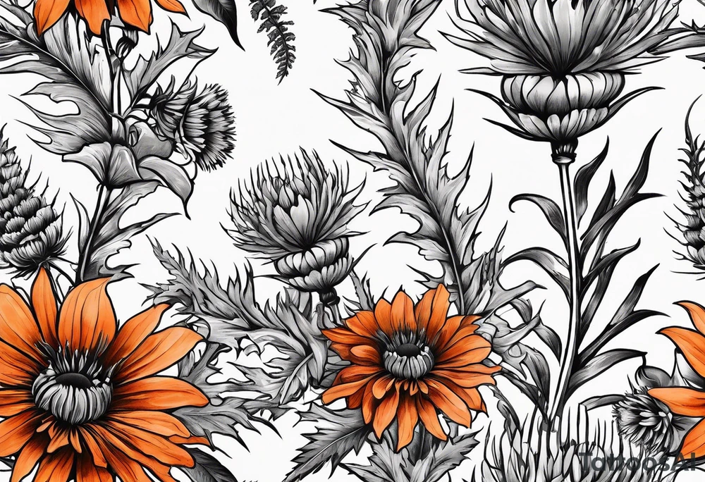 wildflower horizontal with thistles, ferns, burnt orange flowers in color tattoo idea