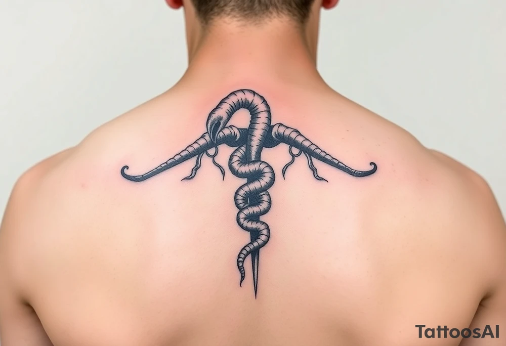 caduceus style Dune sandworm tattoo on the back tattoo idea