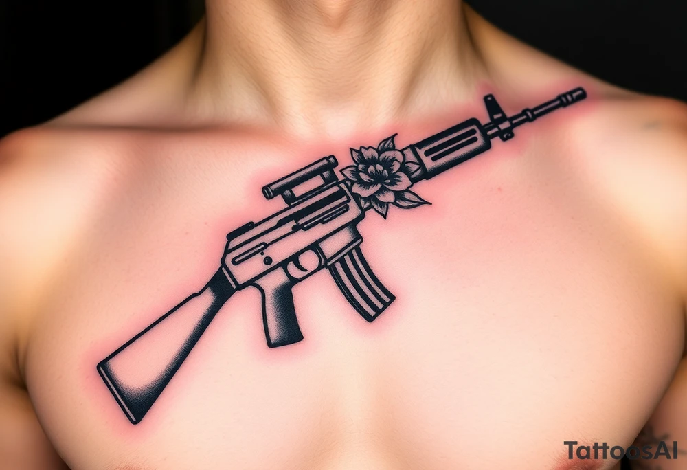 ak 47 black silhouette with floreal details tattoo idea