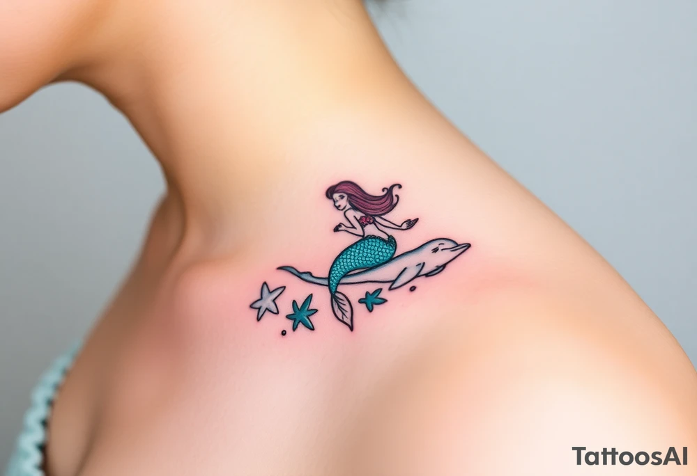 A mermaid swimming along with a dolphin through an enchanted sea tattoo idea