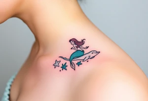 A mermaid swimming along with a dolphin through an enchanted sea tattoo idea