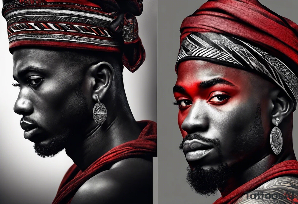 homem divindade africano realista em preto e cinza com os olhos vermelhos. Fundo da imagem com tons vermelhos. braço tattoo idea