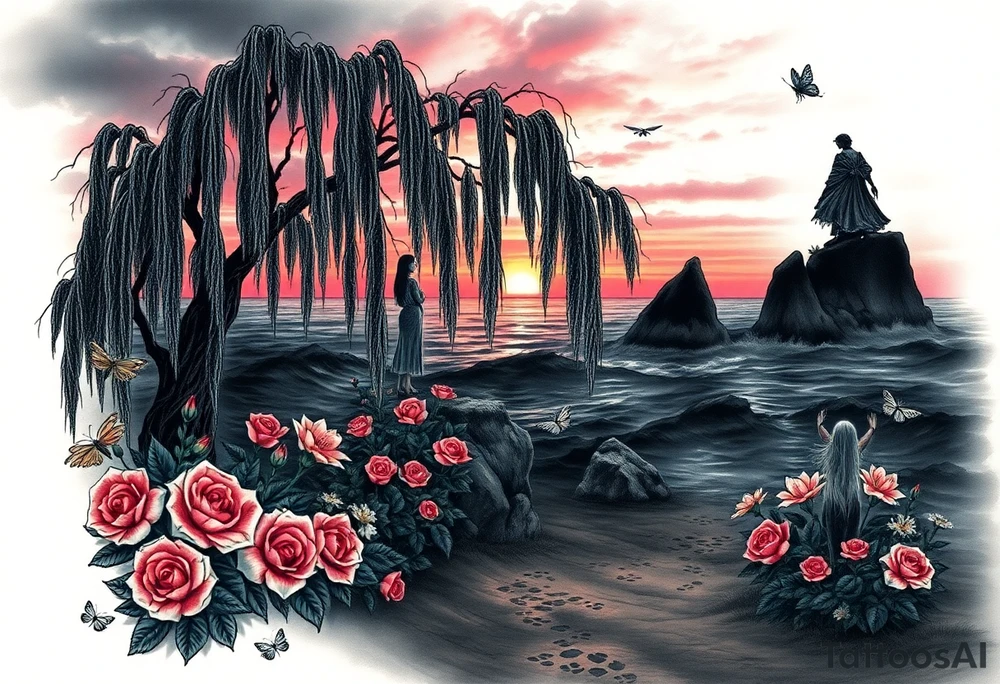Dark ocuean with rocks sunset, weeping willow garden with roses and lilies flower beds. fantasy creatures, fairies, siren, dragonflies, butterflies, cat paw prints path in dirt. tattoo idea