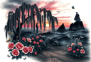 Dark ocuean with rocks sunset, weeping willow garden with roses and lilies flower beds. fantasy creatures, fairies, siren, dragonflies, butterflies, cat paw prints path in dirt. tattoo idea