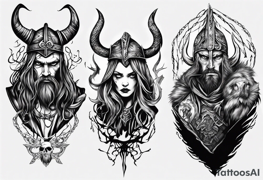 uma bruxa viking com corvos em preto e branco tattoo idea