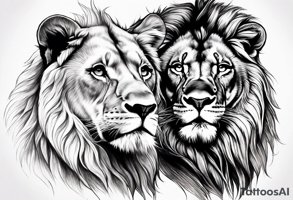 Realistic lion and lioness 
bonding tattoo idea