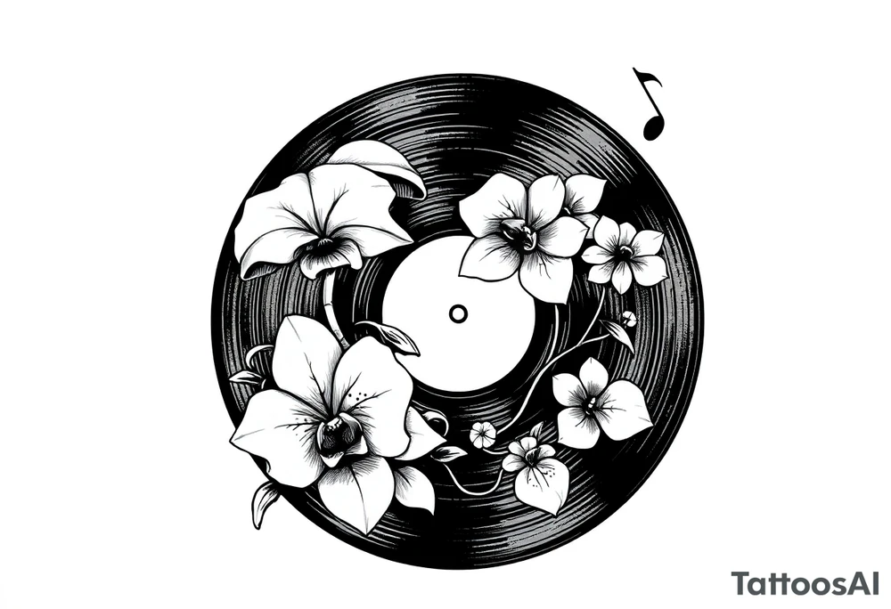 one black and white vinyl record with mushrooms, two orchids, and music notes around it tattoo idea