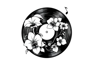 one black and white vinyl record with mushrooms, two orchids, and music notes around it tattoo idea