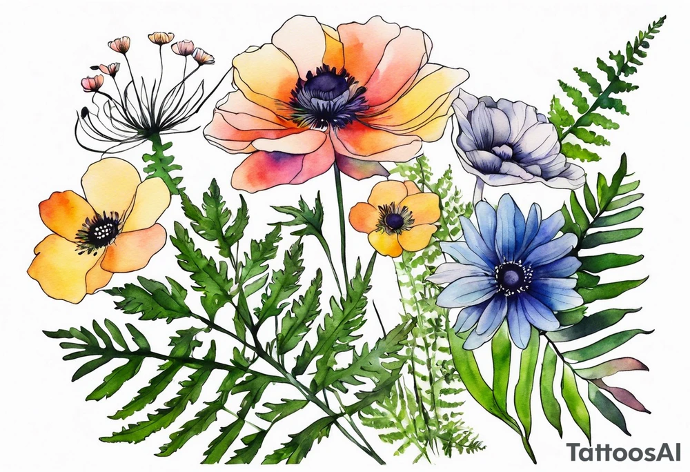 Minimalist Multicolored wild flowers with ferns and white anemone all watercolor tattoo idea