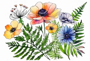 Minimalist Multicolored wild flowers with ferns and white anemone all watercolor tattoo idea